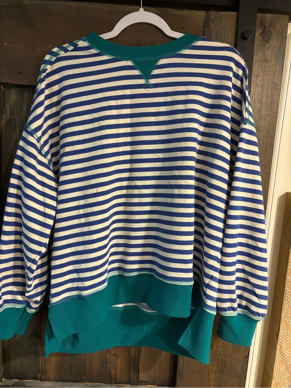 Striped Blue and White Crewneck Sweater with Teal Trim